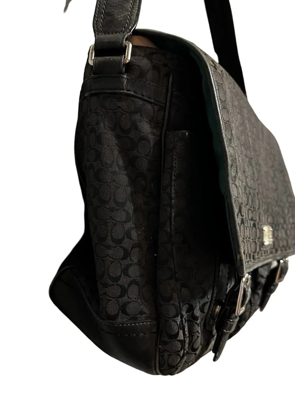 COACH Black Jacquard Messenger Bag Laptop Canvas Leather Trim Saddle Signature